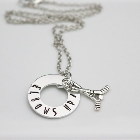 Elbows Up! Hockey Hand Stamped Pendant Necklace - Handmade & Hypoallergenic - Picture 8 of 10